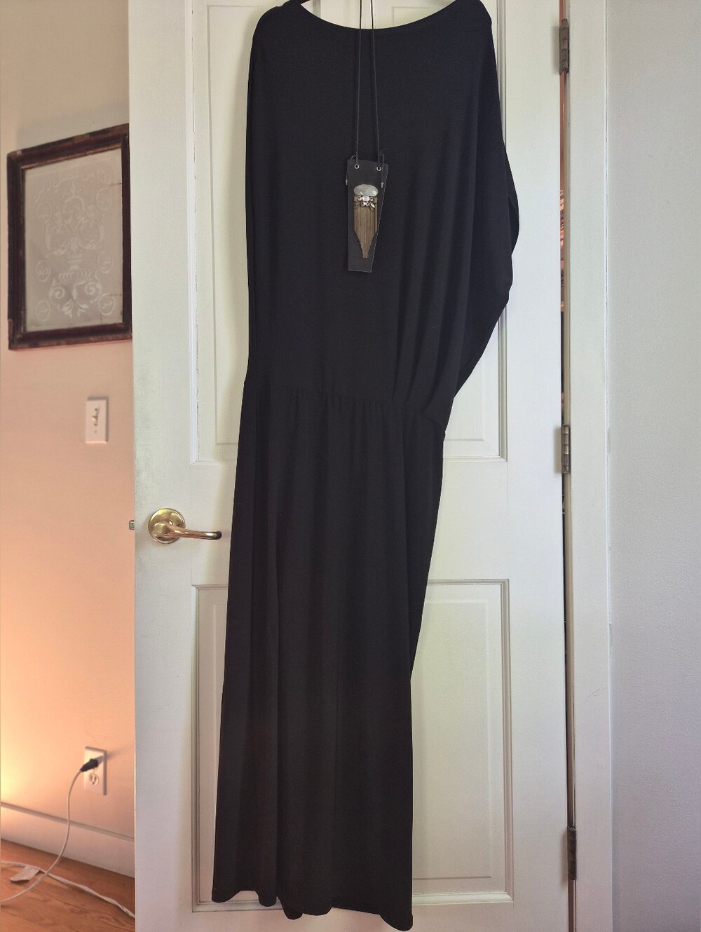 MEG Blu’s Gown Black Draped Asymmetric Maxi Dress